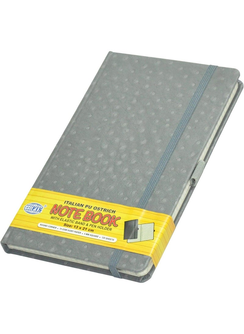 FIS Executive Ostrich Italian PU Cover Notebook, Ivory Paper, 5 mm Square With Elastic Band, Grey Color, 120 Sheets, Pen Holder and Gift Box, 13 x 21 cm Size - FSNBEX5MM1321GY - Image 1